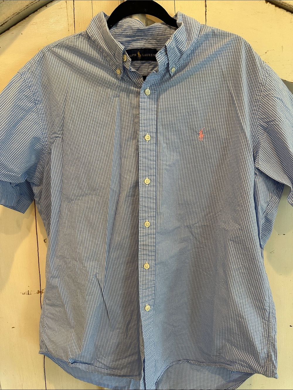 Ralph Lauren Blue Gingham Button-Down Short Sleeve Shirt with Pink Pony
